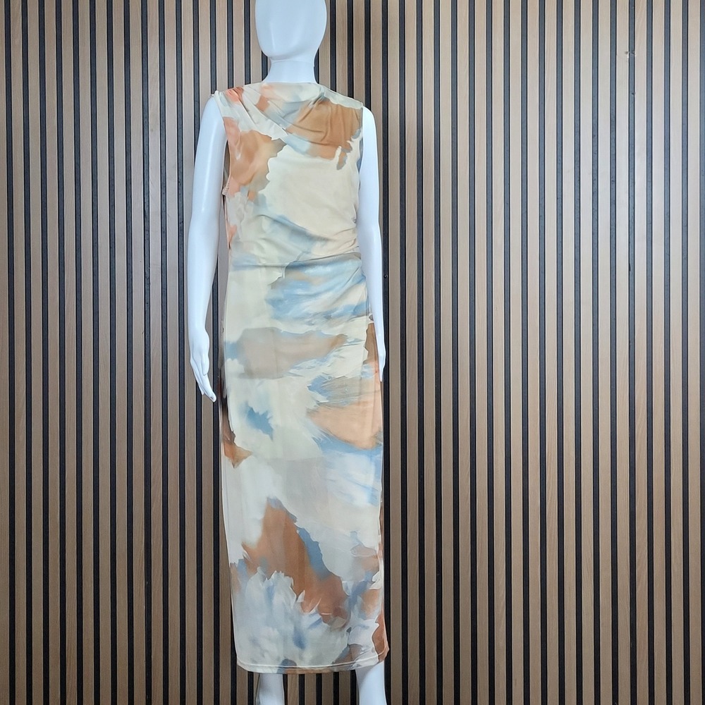 Abstract Watercolor Maxi Dress Tan Blue Ruched Mesh Sleeveless XL